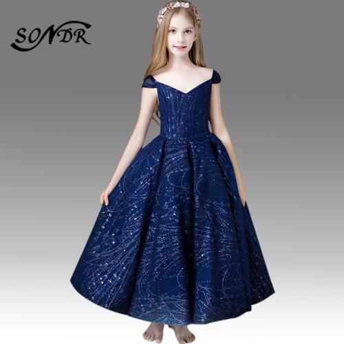 Off Shoulder Flower Girl Dress HT148 Shining Navy Blue Pageant Dresses for Girls Boat Neck First Communion Party Decorations
