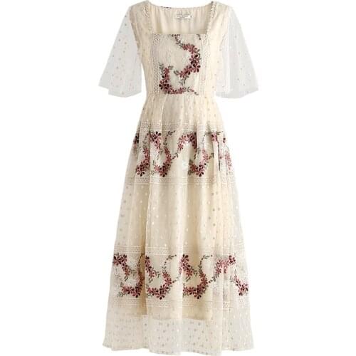 PERHAPS U Apricot Square Collar Mesh Mori Floral Complicated Embroidery Short Sleeve Beach Holiday Midi Dress Summer D2423