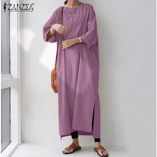 Stylish Autumn Midi Dress 2021 ZANZEA Womens Sundress Solid 3/4 Sleeve Backless Midi Vestidos Female Split Robe Femme Oversized