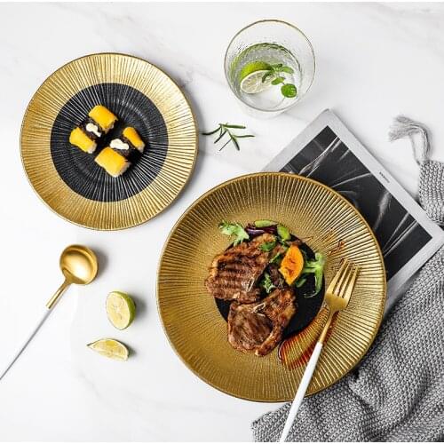 Phnom Penh ceramic tableware Western steak plate sushi long square plate hotel gold line buffet plate