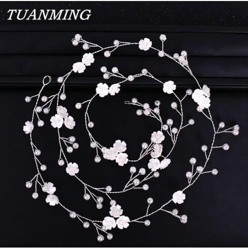 Bridal Pearl Headband Long Pearl Flower Hairband Wedding Long Headband Bride Hair Accessories Handmade Head Jewelry