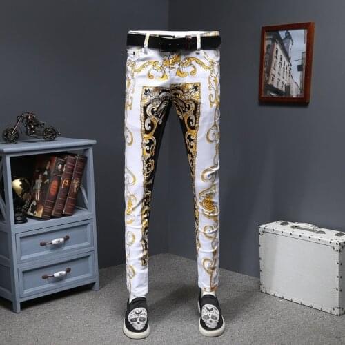 Luxury Gold Print Jean Homme Slim Designer Denims Jeans Men Erkek Kot Pantolon SkinnyGold Denims Stretch Fancy Party Trousers