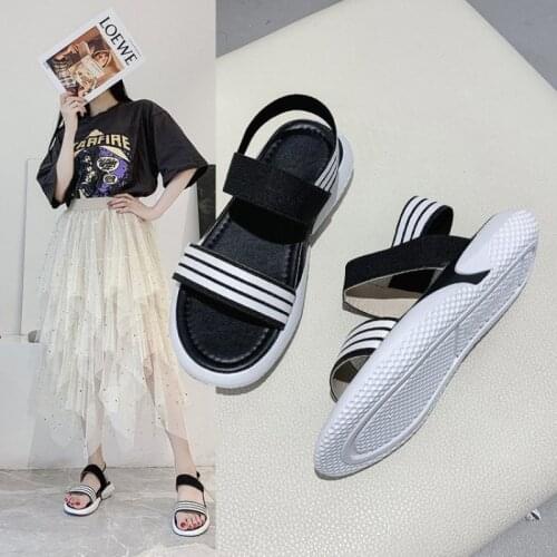 Sandals womens summer 2021 new open toe color matching elastic band flat heel fashion casual student sandals
