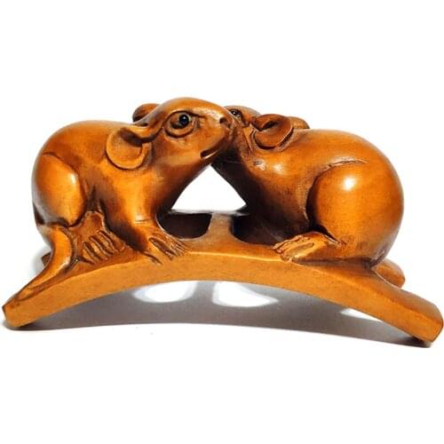 Y6566 - 2" Hand Carved Japanese Boxwood Netsuke Figurine Carving- 2 Mice on Ladder