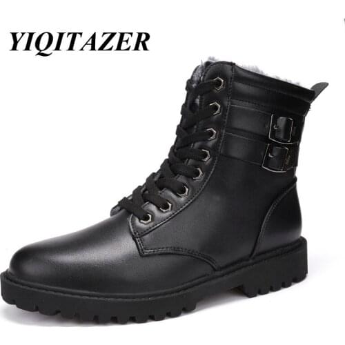 YIQITAZER 2017 Round Toe Winter Fashion Fur Shoes Men Army Boots,Wool Inside Buckle Lace up Motorcyle Boots Man