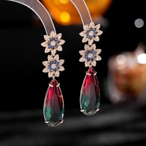 Vintage Color Flower Gradient Zircon Water Drop Earrings for Women Long Earring 2021 New High Quality Wedding Jewelry Gifts