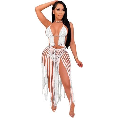 S-XL Women 2 Piece Outfits Swimwear Cover Ups - Sexy Crochet Bikini Bra Top + Tassel Skirt Set Swimsuit Beach Dress Bathing Suit