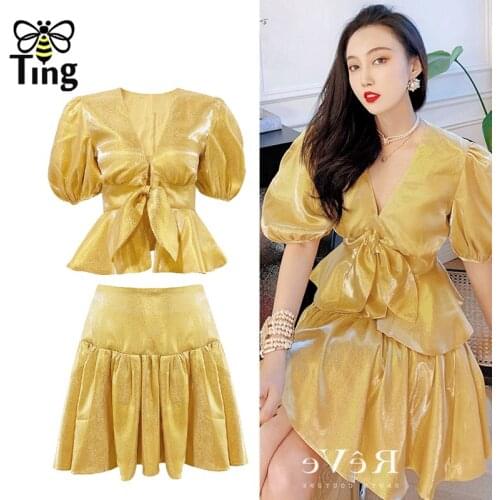 Tingfly Sexy Summer Golden Color Women Sets Puff Sleeve Cropped Tops Blouse + Mini Short Skirts Streetwear Oufits Zaful Dress