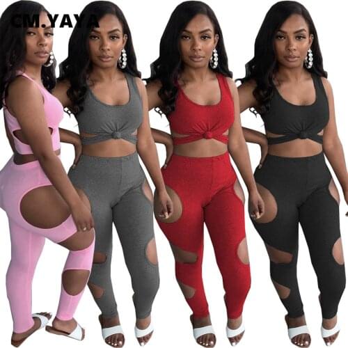 CM.YAYA Streetwear Cut Out Hole Womens Tracksuit Legginig Set Tank Tops Matching Two 2 Piece Set Outfit Summer Active Sweatsuit