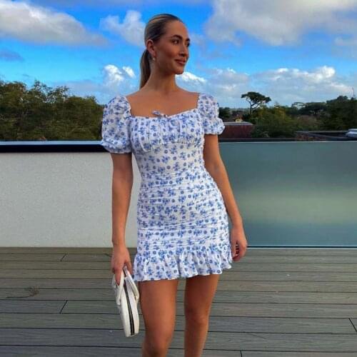 Summer Backless Womens Blue Dress 2021 The New Elegant Fashion Sexy Casual Vacation Short Flowers Puff Sleeve Female Dress