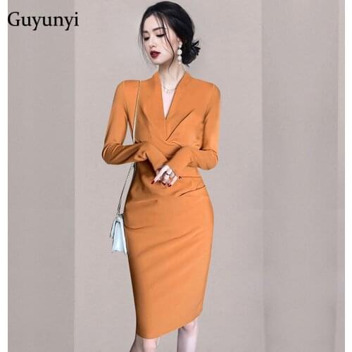 Elegant Office Lady Dress 2021 Autumn Korean Version Plain V-Neck Simple Fashion High Waist Tight Small Folds Women Party Dress