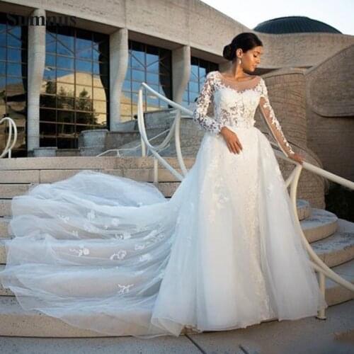 Sumnus Vintage Wedding Dress With Detachable Tail Long Sleeve Lace Appliques Boho Bridal Gowns Princess Engagement Dress