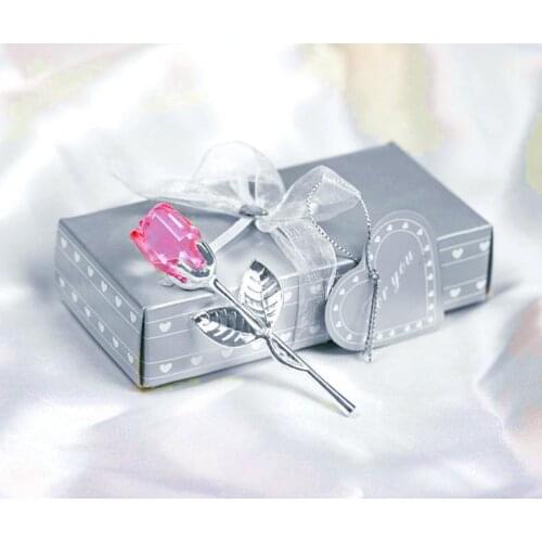 100PCS Wedding Favors and Gifts Back Gifts for Guests Crystal Pink Rose Long Stem Rose Valentines Day Gifts SN2017