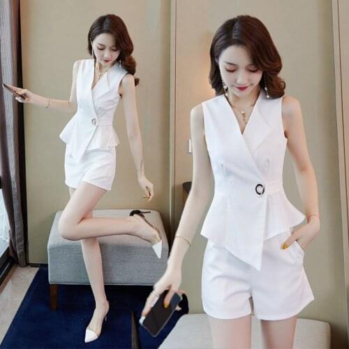 2021Summer 2 Pieces Set for Women White Sleeveless Tops and Shorts Suits Sexy V-Neck Fashion Elegant Office Ladies Work Set Suit