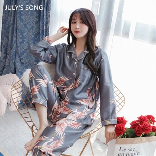 JULYS SONG Pajama Sets Women Faux Silk Sleepwear Crane Print 2 Pieces Satin Spring Autumn Homewear Female Big Size Nightwear