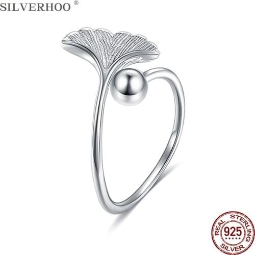 SILVERHOO 925 Sterling Silver Rings For Women Minimalist Ginkgo Biloba & Round Bead Open Adjustable Finger Ring Fine Jewelry