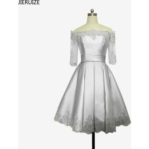 JIERUIZE Silver Lace Appliques Short Evening Dresses Off The Shoulder Half Sleeves Mother of the Bride Dresses Formal Dresses