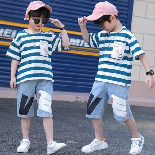 Summer Children Clothing Sets 2021 Big Boys Cotton Suit Striped Short Sleeved T-shirt + Jeans Pant Two Piece Set 4 8 10 12 14T