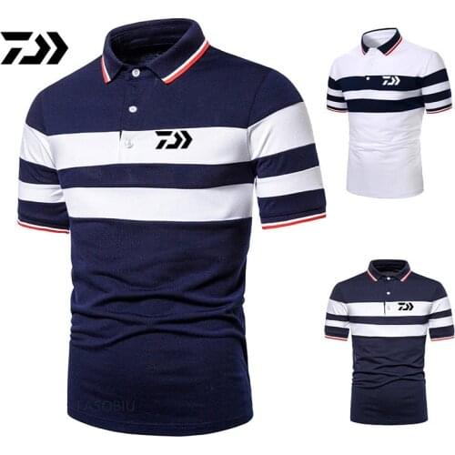 Daiwa Mens Short Sleeve Fishing T-shirt Fashion Two Color Stitching Stripe Casual Mens Fishing Short Sleeve Polo Shirt
