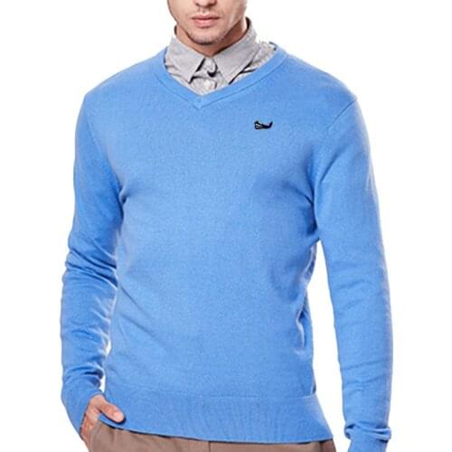 Mens 100% Cotton Sweater Long Sleeve Pullover Jacket Mens V-neck Mens Sweater Fashion Embroidery Fish Logo British Fit Tops