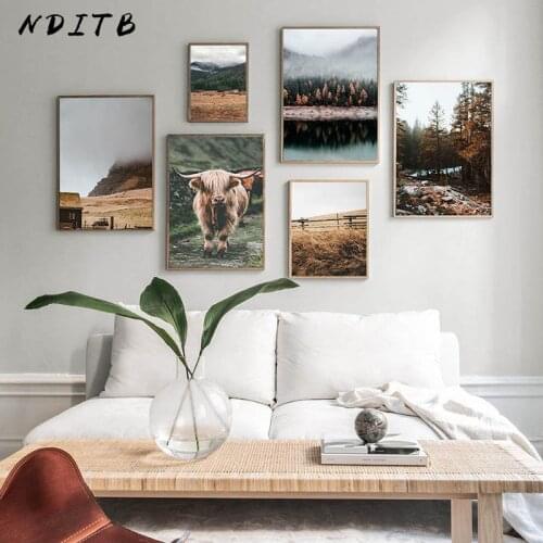 Foggy Mountain Landscape Canvas Print Scandinavian Poster Nordic Animal Cow Wall Art Painting Picture Modern Home Decoration