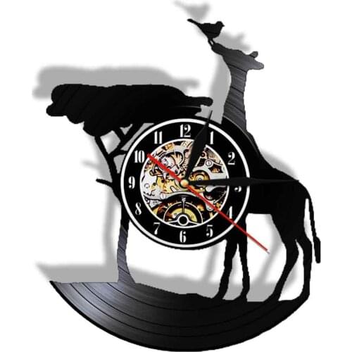 Wildlife Giraffe Vinyl Record Wall CLock Safari Africa LED Vintage Design Illuminated Saat Tree Bird Hanging Time Wall Watch