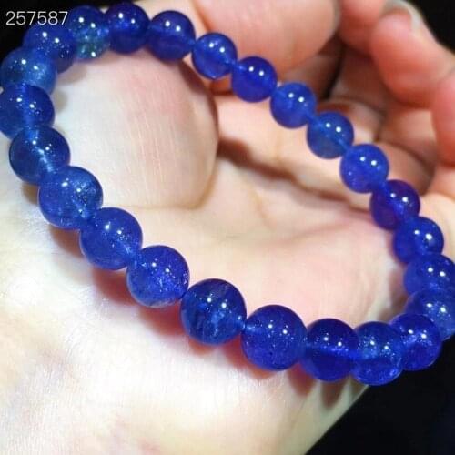 Genuine Natural Blue Tanzanite Tanzania Women Bracelet 7.8mm Gemstone Clear Round Beads Stretch Crystal AAAAA