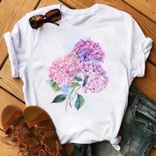 New Fashion Women T Shirt Hydrangea Flower Tshirt Kawaii Tee Tops Harajuku Short Sleeve T-shirt Casual Fuuny Female Tops Clothes
