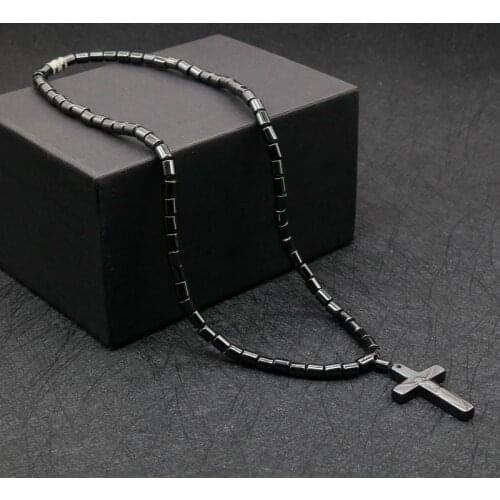 2019 Health Energy Healing Black Hematite with Magnetic Therapy Jesus Cross Beaded Surfer Necklace for Men and Women Jewelry LG1
