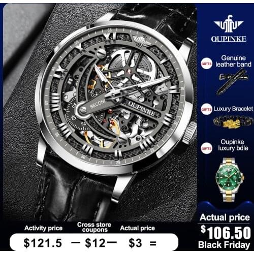Luxury Men Mechanical Wristwatch Automatic Watch Men Skeleton OUPINKE Tungsten steel Sapphire Watch relogio masculino 3173