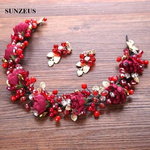 Hand-made Wine Red Flowers Headband Crystal Pearls Bridal Head Garland With Gold Leaves Hair Chain SQ0262-1