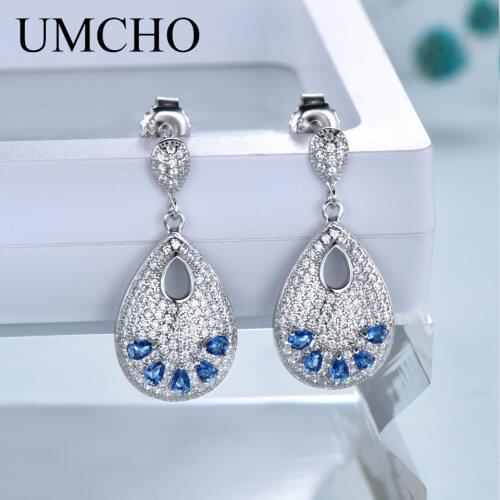 UMCHO Solid Silver 925 Jewelry Drop shape Created Nano Sky Blue Topaz Clip Earrings For Women Birthday Gifts Charms Fine Jewelry