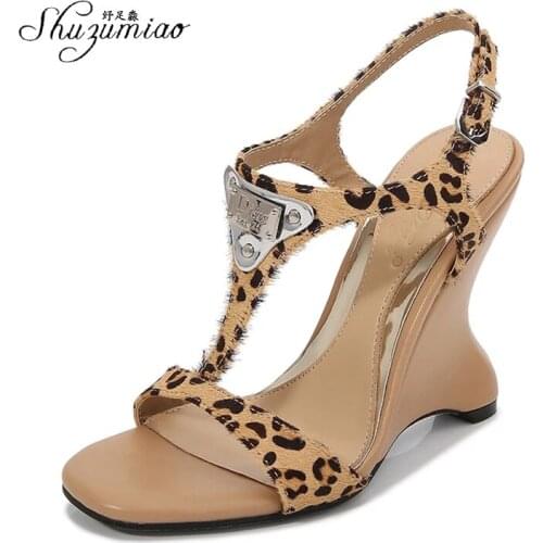 Shuzumiao shoes woman Sandals 2020 New Rivet Fashion leopard print Wedges Female High Heels 7/10cm Open Toe Soft Sole Sandals