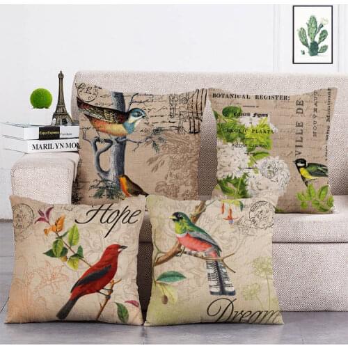 Green Plant Flowers Bird Cushion Cover Decorative For Sofa Car Home Woven Linen Pillow Case Custom Throw Pillows T305