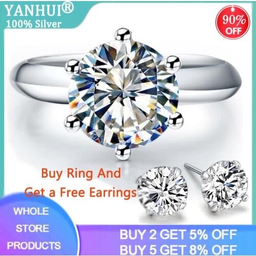 YANHUI With Certificate Silver 925 Ring Luxury White Gold Color Solitaire 2ct Lab Diamond Engagement Wedding Rings Gift Jewelry