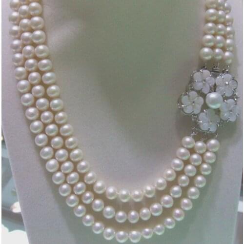 Jewelry wholesale high quality natural AA 9-10mm white freshwater pearl and nice flower shell clasp necklace