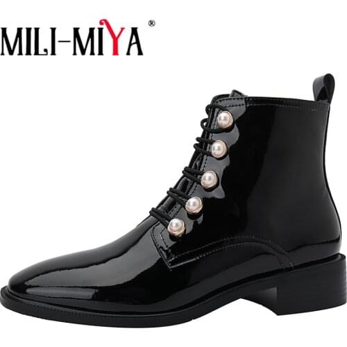 MILI-MIYA Women Patent Leather Ankle Boots Fashion Zip Square Toe Ladies Autumn Winter Pearl Decoration Dress Prom Shoes Black