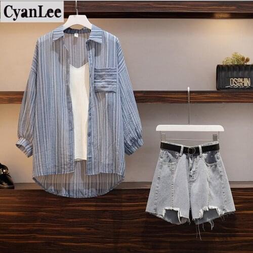 Cyanlee 2020 Summer Women Three Piece Sets Casual Turn-down Collar Stripe Tops + Cowboy Shorts Tassel Gift Belt Set 3 Piece Set