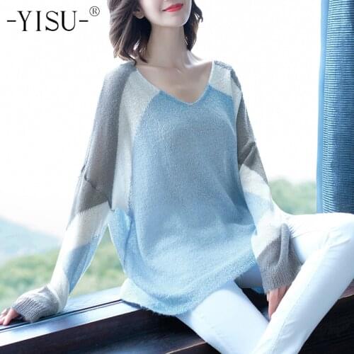 YISU Autumn Winter Soft Mohair Sweaters Women New Sweater Pullover Mohair Jumper V-neck Long sleeved Sweaters Tops Women