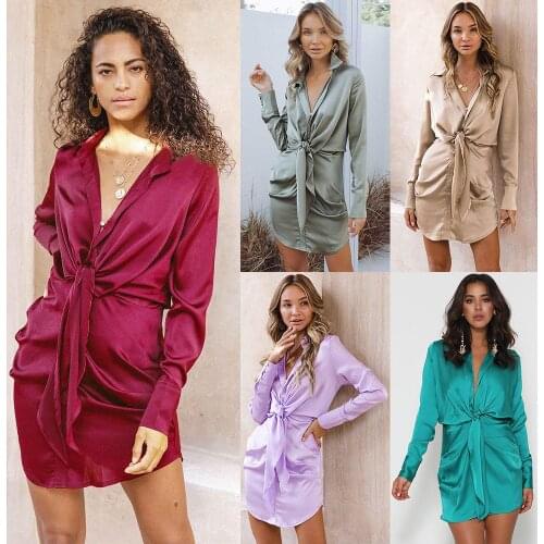 Womens Dress 2021 Summer Long Sleeve Turn-Down Collar Ruched Mini Dress Fashion Korean Streetwear Button Imitation Silk Dress