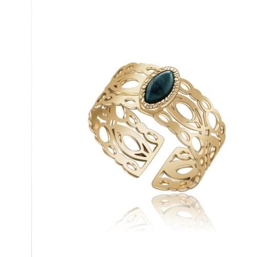 Vintage Stainless Steel Gold Stone Rings For Women Chunky Adjustable Hollow Out Texture Wide Open Finger Rings Bijoux Gift 2021