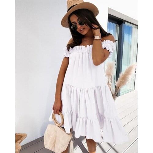 Summer New Women Dress Elegant Vintage Boho Sexy Solid Dress Fashion 2021 Party Beach Slash Neck Ruffles Sundress Plus Size
