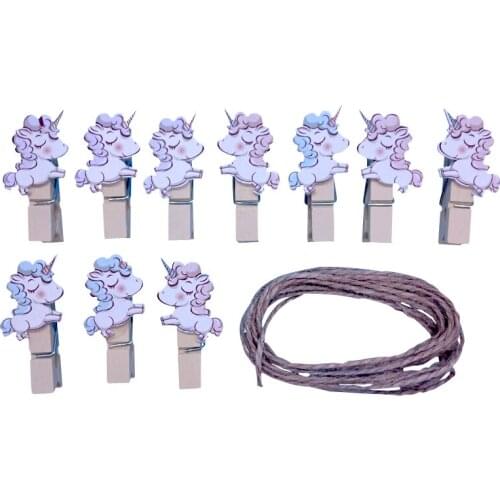 10pack/lot Creative Unicorn Wooden Clip Rope with hemp Photo paper Craft Clips Party Decoration Clips Hung photos