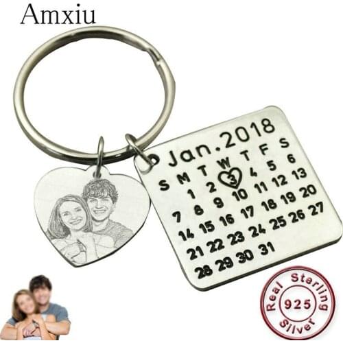 Amxiu Personalized Calendar Keychain 925 Silver Heart Jewelry Engrave Photo Highlighted Calendar Date Key Chains for Father Gift