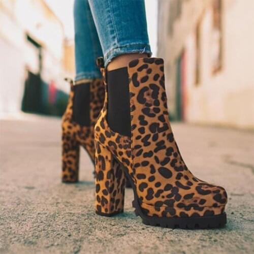 2021 Women Flock Leopard Ankle Boots Female Autumn Square High Heels Platform Shoes Ladies Solid Fashion Footwear Big Size