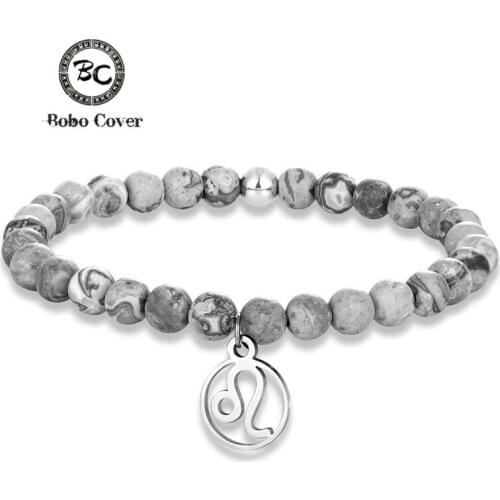 Gray 12 Zodiac Natural Stone 6mm Beads Charm Bracelets Men Constellations stainless steel Accessories Mala Yoga Bracelet homme