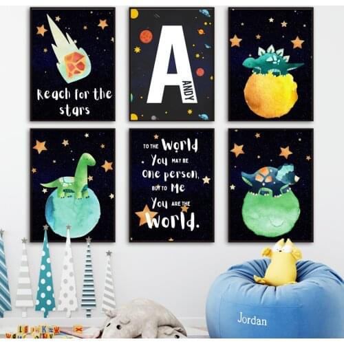 Dinosaur Space Planet Custom Baby Name Nursery Wall Art Canvas Painting Nordic Posters And Prints Wall Pictures Boys Room Decor