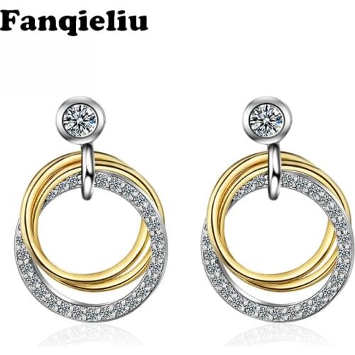 Fanqieliu Gold & Silver Circle Rhinestone Drop Earrings 925 Sterling Silver Earring For Women Trendy Wedding Jewelry FQL20262
