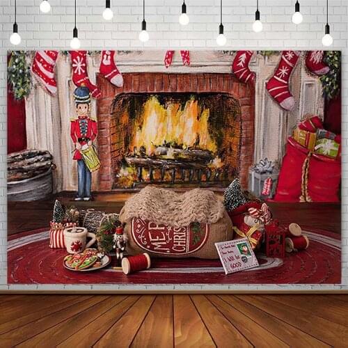Christmas Tree Backdrop Socks Fireplace Gifts Gingerbread Doll Baby Portrait Photography Background Photo Studio Photozone Decor