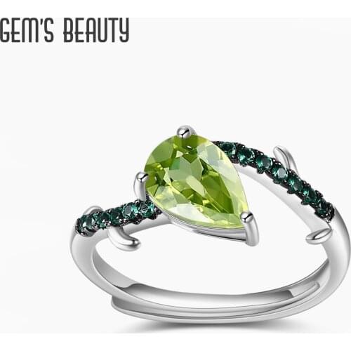 GEMS BEAUTY Pear Shape Natural Peridot Gemstone Statement Ring 925 Sterling Silver Branches Handmade Adjustable Rings For Women